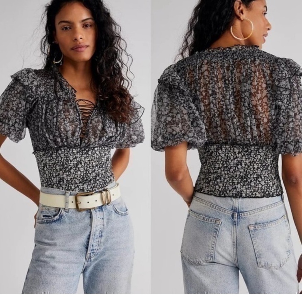 FREE PEOPLE BEATRICE SHEER MESH PUFF SLEEVE FLORAL TOP XL